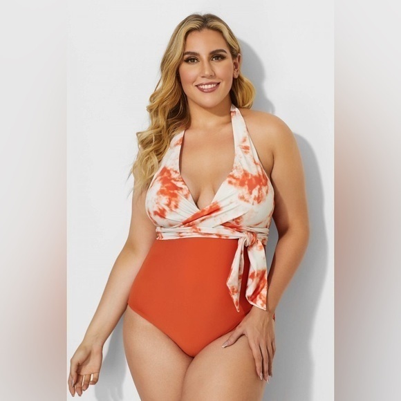 NWT Meet Curve Orange V-neck Tie dye Wrap Halter One Piece Swimsuit size Large - Picture 1 of 8